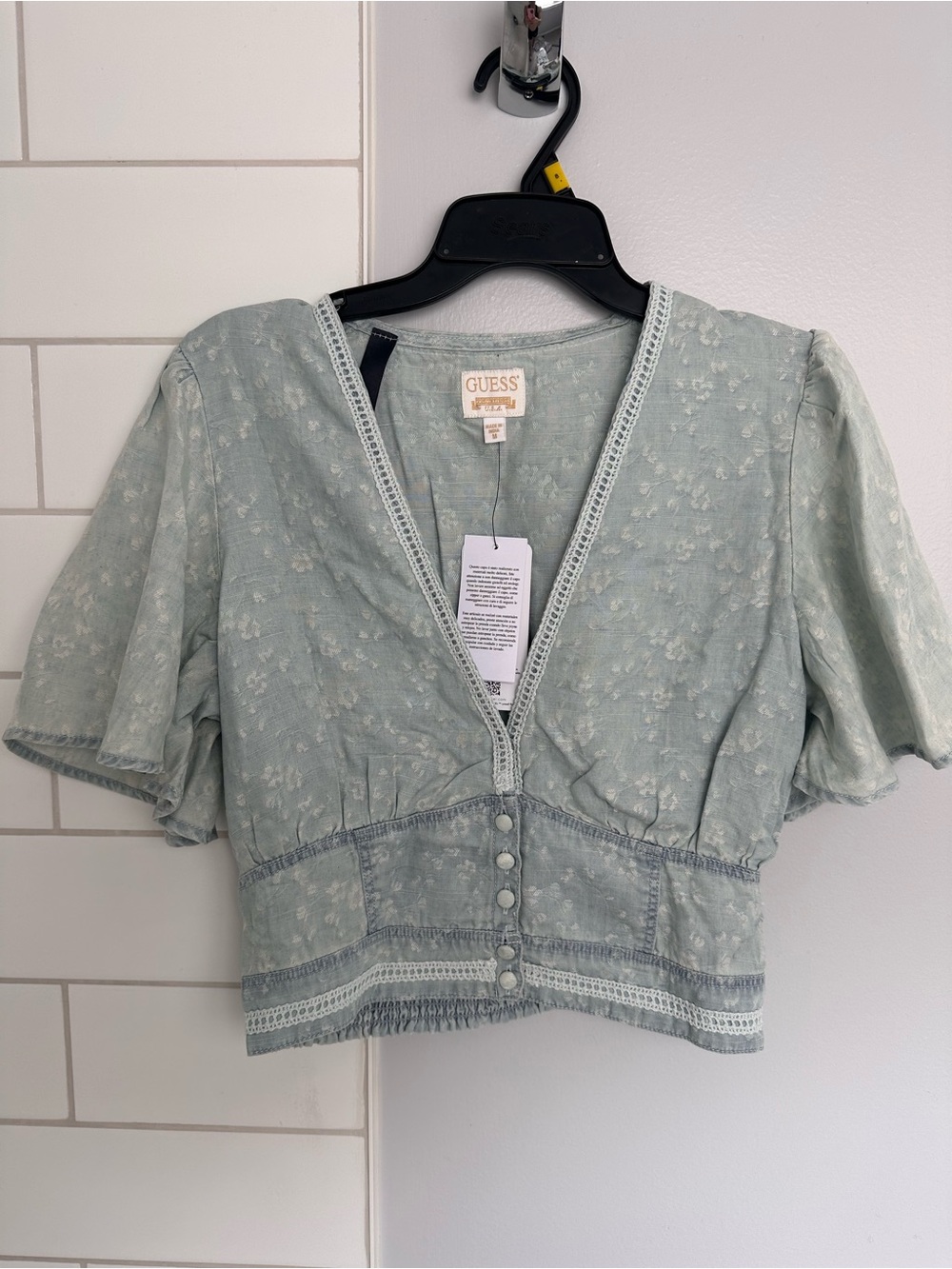 GUESS Light Denim Floral Lace-Trim V-Neck Crop Top